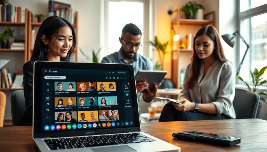 A modern online learning platform interface, showcasing a diverse group of professional individuals engaged in virtual courses. In the foreground, a laptop displays a vibrant dashboard filled with course options and colorful icons representing different skills. In the middle ground, a diverse group of three individuals—an Asian woman in business attire, a Black man in casual clothing, and a Hispanic woman in a smart blouse—are focused on their screens, taking notes and participating in online discussions. The background features a cozy workspace with bookshelves, plants, and warm lighting emanating from a stylish desk lamp. The atmosphere is inviting and inspiring, suggesting productivity and collaboration in the realm of online learning. Natural light shines through a window, casting soft shadows that enhance the scene's professionalism.