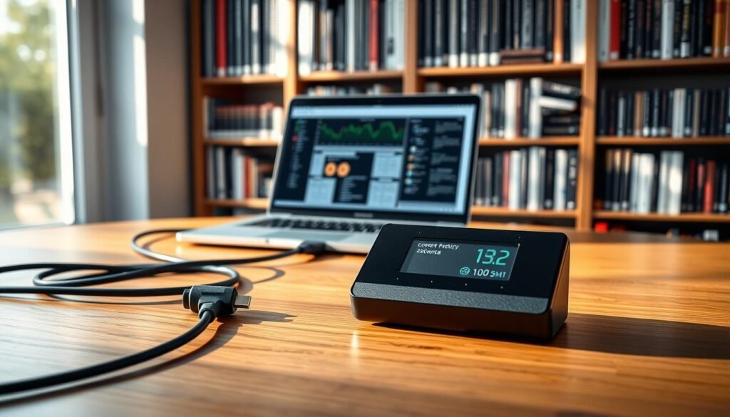 A modern secure hardware wallet setup displayed on a sleek wooden desk. In the foreground, a well-designed hardware wallet with a clear digital screen, surrounded by USB cables and a laptop. The middle layer features an open laptop showing a vibrant cryptocurrency dashboard. In the background, an organized bookshelf filled with technical books on cryptocurrencies and security practices. Soft natural lighting from a nearby window casts gentle shadows, creating a serious yet inviting atmosphere. The image aims to convey a sense of security and professionalism, highlighting the importance of protecting digital assets in a digital age.