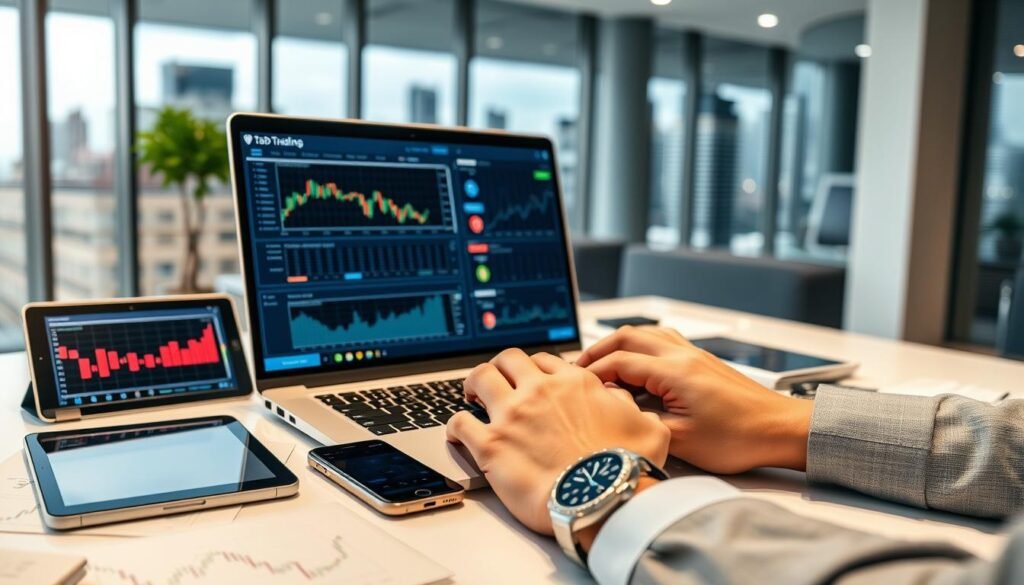 A modern trading platform interface displayed on a sleek laptop, surrounded by digital tools like a tablet displaying charts, smartphone with market alerts, and financial graphs scattered across a contemporary desk. In the foreground, a pair of hands in professional business attire (a smart watch visible) is interacting with the laptop, analyzing the trading data. In the background, a well-lit room with ambient lighting creates a focused atmosphere, featuring a large window showing a cityscape, symbolizing the fast-paced finance world. Soft bokeh effect in the background to emphasize the foreground tools and resources, creating an inviting and educational mood for beginners exploring Forex trading.