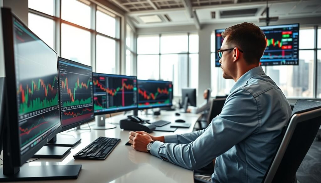 A new trader intently analyzing Forex trading charts and graphs on multiple screens in a modern, well-lit office environment. In the foreground, a focused individual, dressed in professional business attire, sits at a sleek, minimalist desk, surrounded by vibrant visuals of candlestick charts and fluctuating currency pairs. The middle ground features an array of digital displays showcasing real-time market data and trading indicators. In the background, large windows let in natural light, illuminating the space and hinting at a bustling cityscape beyond. The atmosphere is one of excitement and possibility, capturing the allure and potential of Forex trading for beginners. The image is sharp and clear, taken with a wide-angle lens to emphasize the dynamic trading environment.