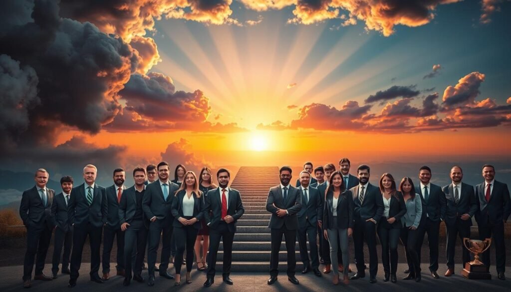 A powerful visual representation of transforming fear into motivation. In the foreground, a diverse group of people, dressed in professional business attire, stands confidently with determined expressions. They are surrounded by abstract representations of shadows and dark clouds symbolizing fear, which gradually transition into bright rays of light and vibrant colors representing motivation and action. In the middle ground, a path or staircase rises, lined with symbols of achievements such as trophies and goals, suggesting progress. The background features a sunrise over a distant horizon, illuminating the scene with warm, uplifting lighting. The atmosphere feels empowering and hopeful, inviting viewers to embrace self-belief and combat self-doubt. Use a slightly elevated camera angle to capture the ascent on the path, with a focus on the group's expressions and the dramatic transition from darkness to light.