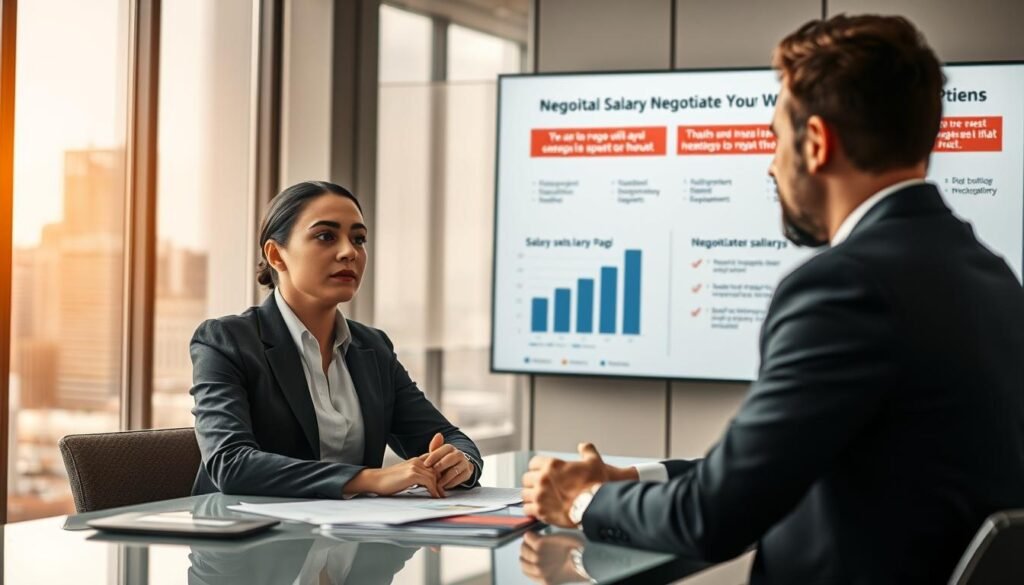 A professional business meeting scene illustrating the importance of salary negotiation. In the foreground, a confident employee in smart business attire is seated at a negotiation table, actively discussing with a well-dressed manager. The middle ground features a modern office environment with a large window displaying a cityscape, creating a sense of opportunity. Soft, natural lighting filters through the glass, highlighting the determination on the employee’s face. In the background, motivational charts about salary growth and strategic negotiation points are subtly visible on a screen. The overall mood is one of empowerment and professionalism, conveying the significance of negotiating one's worth effectively. The image has a warm, inviting atmosphere, suggesting collaboration and growth.