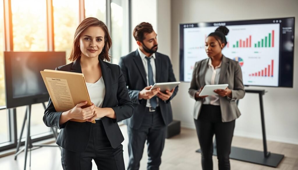 A professional business setting featuring a diverse group of individuals engaged in a serious discussion about salary raises. In the foreground, a confident woman in a smart business suit stands with an assertive posture, holding a folder filled with salary research data. In the middle, her colleagues, a man in a tailored suit and a woman in modest casual attire, listen intently, taking notes on a sleek tablet. The background shows a modern office with large windows letting in warm, natural light, highlighting charts and graphs on a nearby screen. The atmosphere is one of collaboration and focus, emphasizing the importance of timing in salary negotiations. The scene is captured with a slightly elevated angle to convey a sense of authority and professionalism.