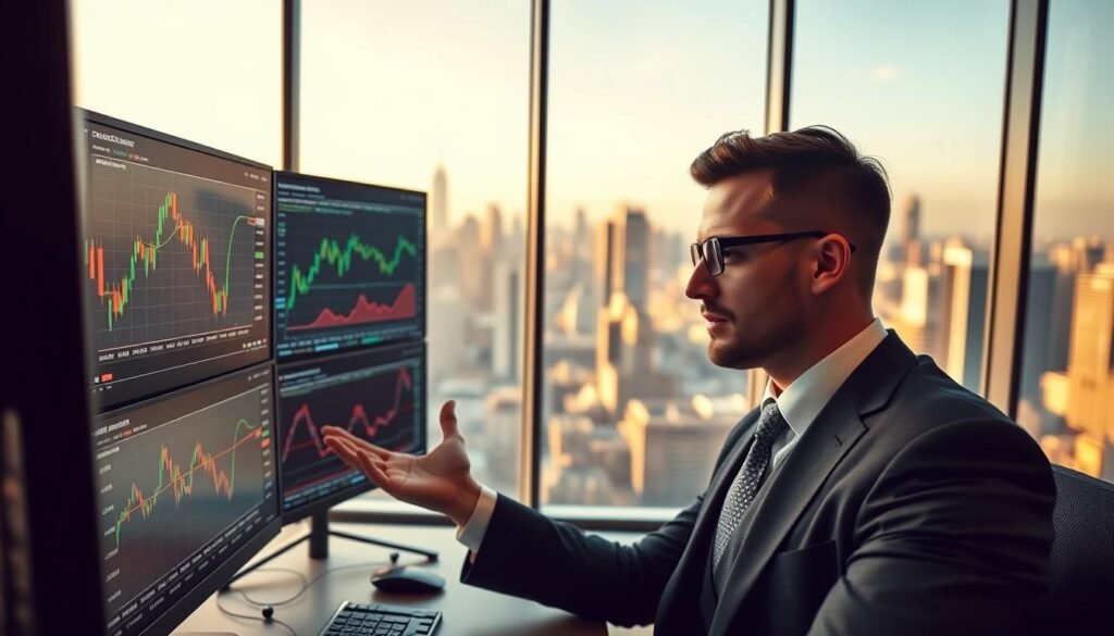 A professional forex trader intensely analyzing multiple screens displaying market charts and trading data in a modern office environment. In the foreground, the trader, dressed in smart business attire, gestures confidently towards a glowing candlestick chart, indicating a profitable trade. The middle layer features detailed graphs and forex indicators in vibrant colors, visually representing volatility and trends. The background showcases a panoramic view of a bustling city skyline through large glass windows, bathed in soft, warm afternoon light. The mood is focused and ambitious, capturing the essence of determination and strategic thinking in the world of forex trading.