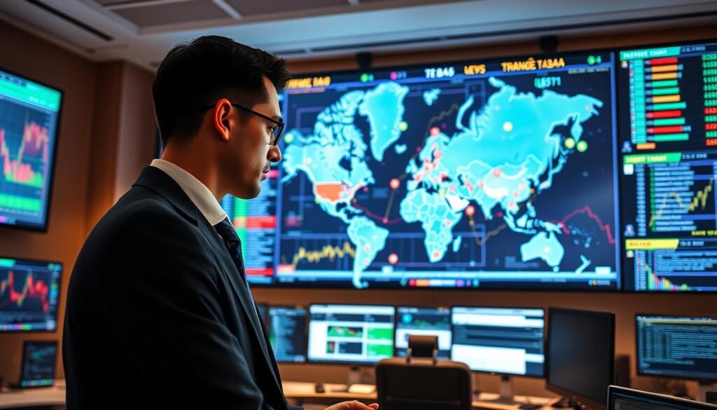 A professional forex trading environment showcasing the impact of news and economic indicators. In the foreground, a well-dressed business professional studying multiple digital screens displaying charts, graphs, and financial news updates. The middle ground features a large world map marked with trading hotspots and economic data points, symbolizing global impact. The background includes a modern trading room with soft, ambient lighting to create a focused atmosphere. The image should capture a sense of urgency and analysis, with bright screen colors contrasting against the warm, neutral tones of the trading room. The camera angle is slightly elevated, providing a comprehensive view of the dynamic trading scene.