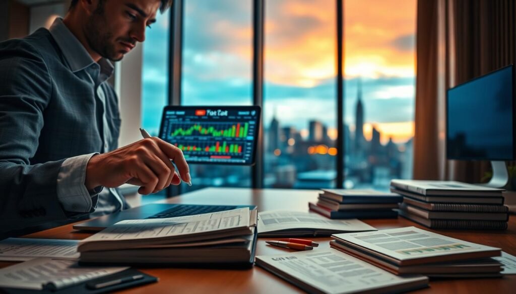 A professional forex trading setup in a modern office environment, featuring a laptop displaying colorful charts and graphs related to forex trading strategies. In the foreground, a focused businessperson in a smart casual outfit analyzes the data, their hand poised over a notepad filled with notes. The middle ground includes various financial books and market analysis reports scattered on a stylish desk. In the background, a large window reveals a city skyline at dusk, with warm light filtering in, creating a cozy and productive atmosphere. The lighting is soft yet focused, highlighting the trading materials, and the angle is slightly tilted to emphasize both the individual and their workspace. The mood conveys concentration and professionalism, ideal for beginners looking to understand forex trading and risk management.