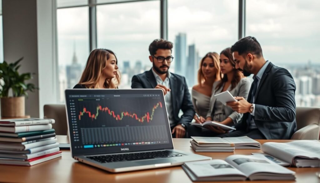 A professional, modern workspace focused on expanding forex knowledge. In the foreground, an open laptop displays a colorful forex trading dashboard with various currency pairs, surrounded by neatly arranged financial books and charts. In the middle, a diverse group of four individuals, dressed in business casual attire, are engaged in a discussion, pointing at the screen and taking notes. The background features a large window showcasing a skyline of a bustling city, symbolizing global trading. Soft, natural lighting floods the room, creating an inviting atmosphere, with a shallow depth of field to give a sense of focus on the subjects. The overall mood is one of collaboration, learning, and opportunity, highlighting the importance of education in forex trading.