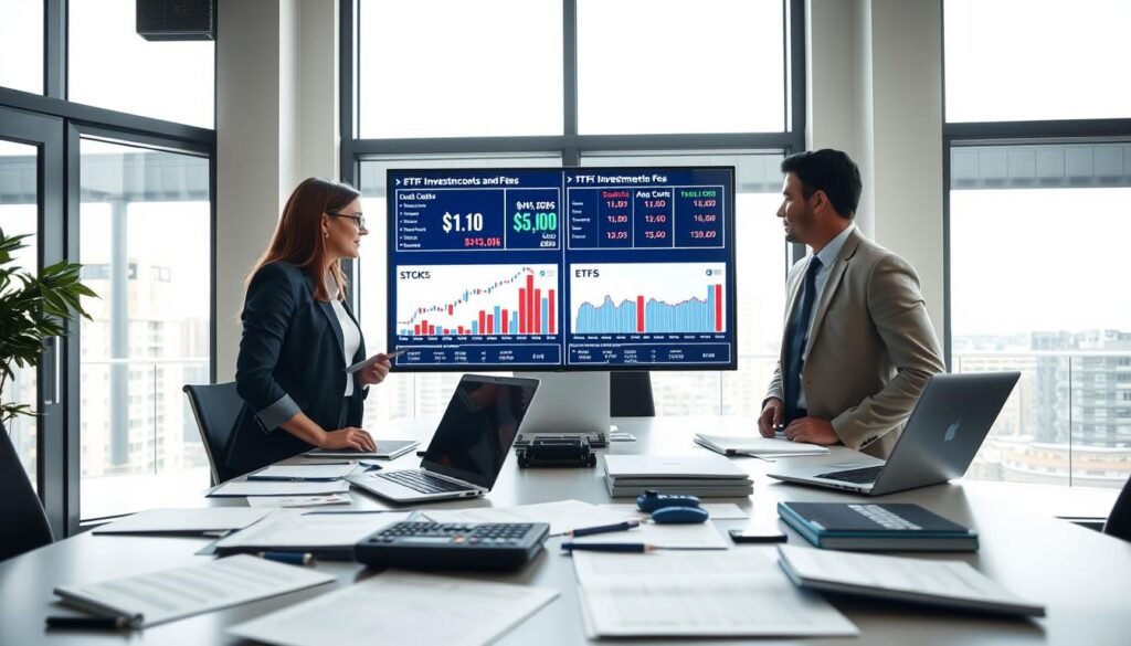 A professional office environment featuring a diverse group of three business people, one woman and two men, analyzing investment costs and fees on a large screen displaying charts and graphs. In the foreground, a modern conference table is cluttered with financial documents, calculators, and laptops. The middle layer shows the screen brightly illuminated with visual data representing stocks and ETFs, emphasizing differences in fees. In the background, large windows allow soft natural light to fill the room, creating a focused yet inviting atmosphere. Use a wide-angle lens for a dynamic perspective, and ensure the professionals are dressed in smart business attire to convey a serious tone. A professional office environment featuring a diverse group of three business people, one woman and two men, analyzing investment costs and fees on a large screen displaying charts and graphs. In the foreground, a modern conference table is cluttered with financial documents, calculators, and laptops. The middle layer shows the screen brightly illuminated with visual data representing stocks and ETFs, emphasizing differences in fees. In the background, large windows allow soft natural light to fill the room, creating a focused yet inviting atmosphere. Use a wide-angle lens for a dynamic perspective, and ensure the professionals are dressed in smart business attire to convey a serious tone.
