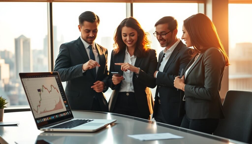 A professional office environment with a modern trading desk in the foreground, featuring a laptop displaying Forex trading charts and graphs. In the middle ground, a diverse group of three individuals, dressed in professional business attire, engaged in discussion, pointing at the screen with expressions of focus and determination. The background showcases a large window with a city skyline, bathed in warm sunlight, creating a bright and optimistic atmosphere. The image is captured from a slightly elevated angle, using a soft focus to emphasize the people and trading tools. The overall mood conveys a sense of clarity, learning, and professionalism in the context of Forex trading.