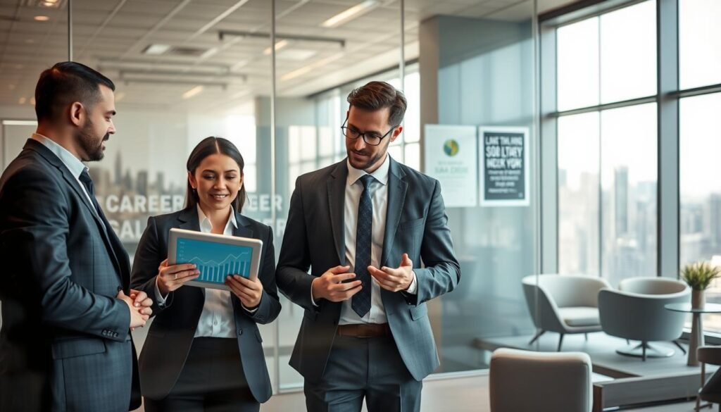 A professional office setting captures the essence of career transitions and compensation adjustments. In the foreground, a diverse group of three professionals—two men and one woman—are engaged in discussion, wearing smart business attire, analyzing data on a tablet and a laptop reflecting job market graphs. In the middle ground, a glass wall displays a city skyline, adding context to their ambitions. The background features a modern office with stylish furniture and motivational posters about career growth. Soft natural lighting filters in through large windows, casting a warm glow over the scene, creating an atmosphere of optimism and opportunity. A balanced composition emphasizes teamwork and professional growth, symbolizing the journey of salary negotiations during career transitions.