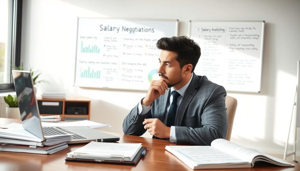 A professional office setting characterized by a well-organized desk adorned with a laptop, stacks of paperwork, and a notepad with handwritten notes on salary statistics. In the foreground, a focused individual in business attire, seated at the desk, deeply engaged in preparing their presentation for a salary negotiation, with a thoughtful expression and a pen in hand. The middle background features a whiteboard filled with charts and key bullet points related to salary negotiations. In the background, large windows allow soft natural light to flood the room, creating a calm and confident atmosphere. The scene conveys determination and professionalism, captured from a slightly elevated angle to emphasize the subject's preparation.