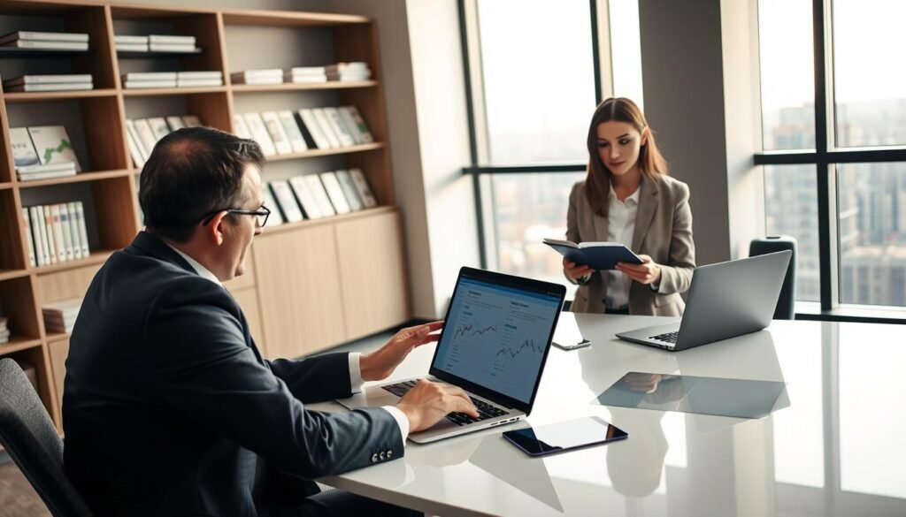 A professional setting depicting a financial advisor and a client discussing Forex trading. In the foreground, the advisor is seated at a sleek modern desk, dressed in a tailored navy suit, showing various Forex broker options on a laptop screen. The client, a young woman in a smart casual outfit, appears engaged and taking notes. In the middle ground, a large window reveals a panoramic city skyline, with soft natural light illuminating the space. In the background, shelves with financial books and charts create an atmosphere of expertise and professionalism. The overall mood is focused and informative, highlighting the seriousness of choosing a reliable Forex broker. The image captures a moment of guidance and decision-making in the world of Forex trading.