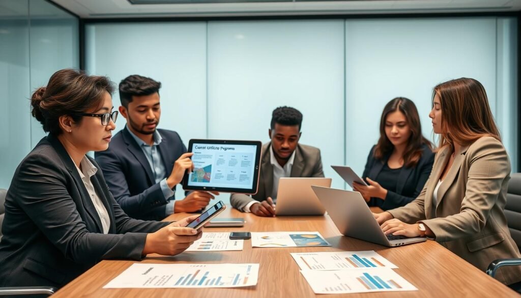 A professional setting featuring a diverse group of individuals, seated around a modern conference table, deep in discussion about certificate programs. In the foreground, a middle-aged Asian woman in a business suit points to a digital tablet displaying different course options. A young Black man in smart casual attire takes notes, while a Hispanic woman in a blazer analyzes information displayed on a laptop. The middle ground showcases charts and brochures spread across the table, emphasizing key training areas. The background includes a large window with soft natural light filtering in, illuminating the room’s sleek design. The atmosphere should be focused and collaborative, conveying motivation and clarity in decision-making for education pathways, highlighting the importance of choosing the right program.