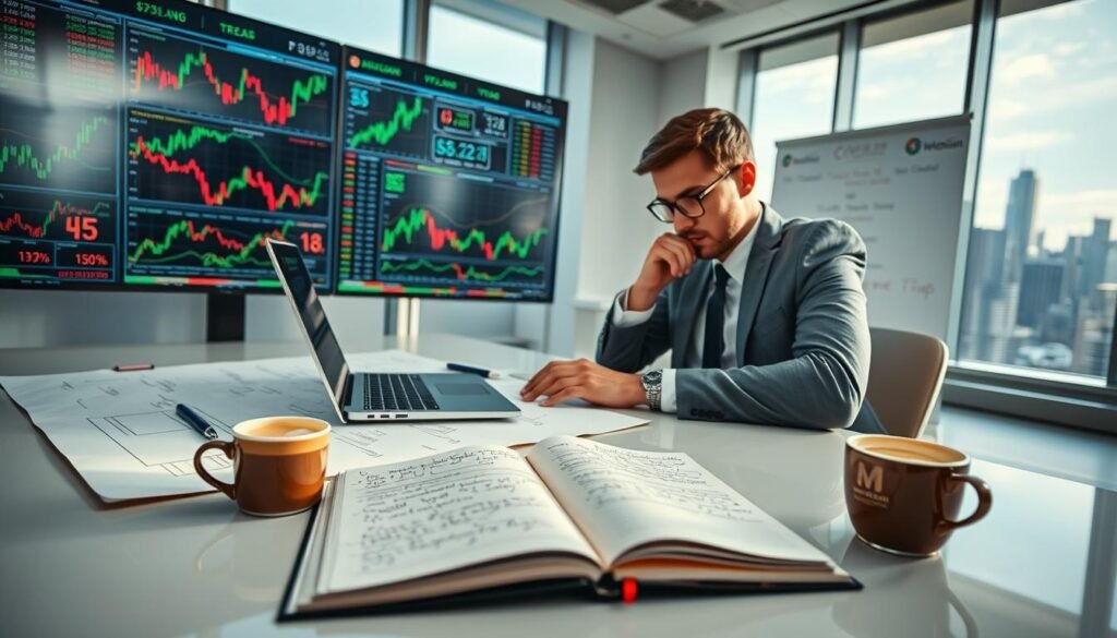A professional trader analyzing market data on a sleek laptop at a modern desk, in a bright, well-lit office setting. The trader, dressed in a sharp business suit, is deep in thought, surrounded by charts and graphs depicting currency trends on large screens. In the foreground, a notepad with handwritten notes on trading strategies lays open next to a steaming cup of coffee. The middle ground features a whiteboard filled with colorful strategy discussions and potential trading scenarios. In the background, large windows reveal a bustling city skyline, adding a dynamic urban atmosphere. The image conveys a sense of focus and determination, illuminated by soft, natural light filtering through the office space.