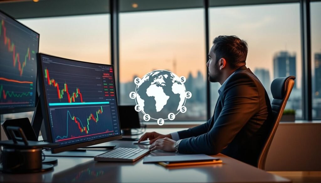 A professional trader at a sleek, modern desk, focused on multiple screens displaying forex charts and currency pairs, symbolizing the fundamental concepts of forex trading. In the foreground, the trader is analyzing a candlestick chart with vibrant colors indicating market movements. The middle ground features a stylized globe surrounded by currency symbols (like the dollar, euro, and yen) to represent global trade. The background contains soft, ambient lighting with a city skyline visible through a window, creating a dynamic yet calm atmosphere. The overall mood is analytical and professional, with an emphasis on clarity and understanding in forex trading.