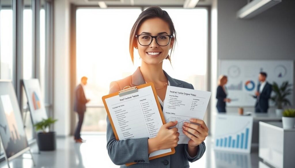 A professional woman in business attire is confidently standing in a modern office space, surrounded by charts and graphs that represent growth and value. In the foreground, she holds a clipboard filled with notes, showcasing her unique skills and achievements. The middle ground features a large window with a city skyline view, symbolizing opportunity and ambition. Soft, natural light pours in, illuminating the scene and creating a positive atmosphere. In the background, colleagues can be seen engaged in a discussion, further emphasizing a collaborative environment. The composition is balanced, conveying a sense of clarity and determination, ideal for illustrating the concept of identifying one's unique value in salary negotiations.