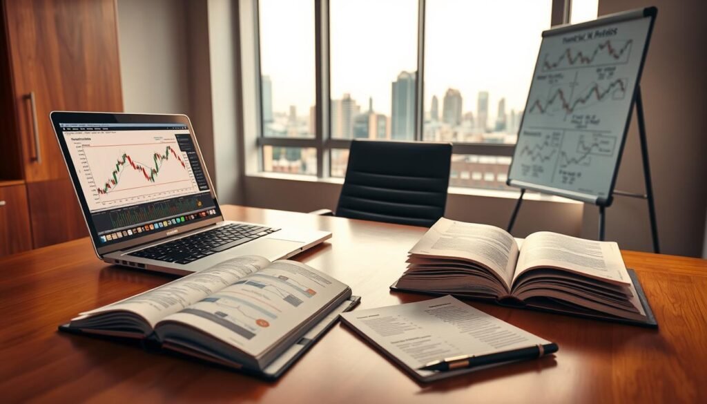 A professional workspace set up for Forex trading education, featuring a sleek desk with a laptop displaying candlestick charts and forex analysis software. Foreground includes open textbooks on trading strategies, a notepad with market notes, and a pen. Middle ground shows a comfortable office chair and a whiteboard filled with diagrams explaining forex concepts. The background reveals a window with a city skyline, allowing natural light to enhance the atmosphere, creating an inviting and focused learning environment. Soft, warm lighting accentuates the sense of professionalism and knowledge. The overall mood conveys productivity and determination, ideal for beginners eager to learn about Forex trading. No humans are present in the scene.