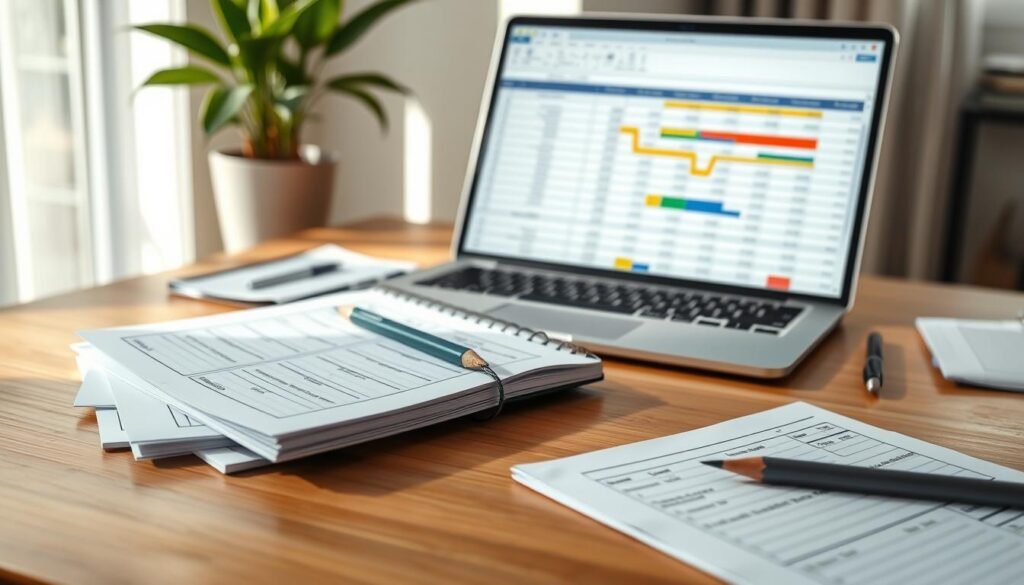 A realistic budget plan for financial success, displayed on a wooden desk. In the foreground, neatly arranged documents and a notebook, with a pencil resting on top, showcasing detailed charts, graphs, and a simple budgeting template. In the middle, a laptop is open, displaying a spreadsheet application with colorful budgeting categories. In the background, soft natural light filters through a window, casting gentle shadows, while a potted plant adds a touch of greenery. The overall mood is focused and professional, reflecting the smart financial planning journey of young adults in their 20s. The scene is captured from a slightly elevated angle, giving a clear view of the workspace.