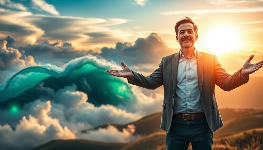 A serene and empowering scene depicting a person reclaiming their inner voice amid a backdrop of swirling clouds representing self-doubt. In the foreground, a confident, mid-30s individual stands tall, dressed in smart casual attire, arms outstretched as if embracing the power of self-belief. Their expression is determined and serene, with a soft glow illuminating their face. In the middle, waves of vibrant colors—blue, green, and gold—symbolize clarity and strength, pushing back against darker tones of gray and shadow, which represent doubt. In the background, a bright sunrise casts warm light across the landscape, creating a hopeful and uplifting atmosphere. The overall mood is transformative and inspiring, evoking a sense of empowerment and positivity. Use a soft-focus lens effect for a dreamlike quality.
