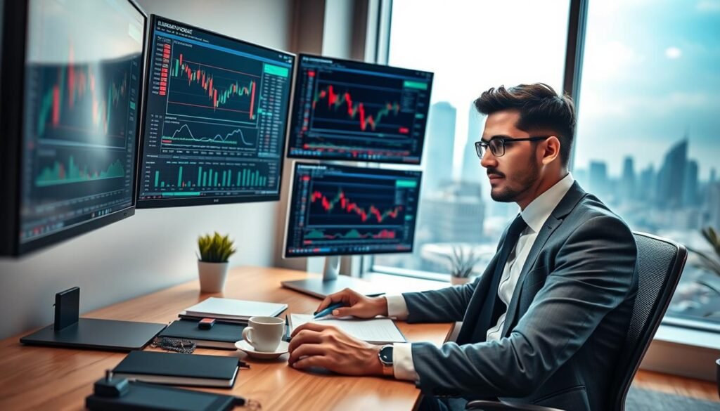 A serene and inspiring office environment showcasing a professional trader at work. In the foreground, a focused individual, dressed in smart business attire, is intently analyzing multiple screens displaying Forex charts and data, with a look of confidence and determination. The middle background features a tidy desk with trading tools, notebooks, and a cup of coffee, highlighted by soft, natural light streaming through a large window. The backdrop features a city skyline, symbolizing opportunity and ambition. The atmosphere is one of calm concentration, with a warm color palette to evoke positivity and clarity. The camera angle is slightly elevated, capturing the trader's engaged expression and the dynamic environment around them, conveying a sense of purpose and a winning trading mindset.