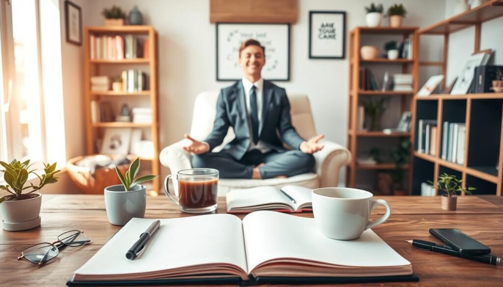 A serene and inviting workspace scene that embodies practical self-care for boosting confidence. In the foreground, a wooden desk is adorned with a journal, a steaming cup of herbal tea, and a small potted plant, symbolizing growth and mindfulness. In the middle, a person in professional business attire meditates on a comfy chair, focusing on deep breathing, with a soft smile that conveys inner peace. The background features a bright window with natural light streaming in, casting a warm glow around the room, alongside shelves filled with motivational books and calming decor. The overall mood is uplifting and tranquil, designed to inspire a sense of self-belief and empowerment through daily self-care rituals.