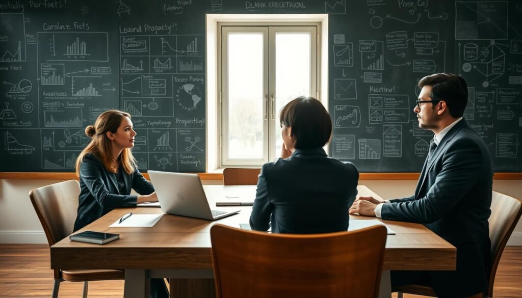 A serene, contemplative scene representing "learning from past experiences." In the foreground, a diverse group of three professionals—two women and one man—are seated around a large wooden table, engaged in a thoughtful discussion. They are dressed in smart business attire, with notes and a laptop open in front of them. The middle ground features a large, open window with soft, natural light streaming in, illuminating their faces and creating a warm atmosphere. In the background, a chalkboard filled with diagrams and past project notes, symbolizing growth and learning. The overall mood is inspiring and hopeful, capturing the essence of reflection and the empowerment that comes from understanding one’s journey. The angle is slightly above eye level, providing a clear view of the interaction and the backdrop.