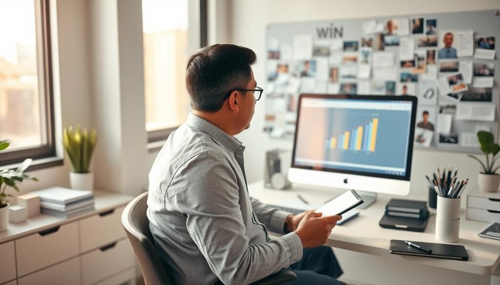 A serene desk scene in a modern office setting, featuring a well-organized workspace with a computer screen displaying graphs and achievements. In the foreground, a thoughtful individual in smart casual attire, a middle-aged person of Asian descent, sits with a notebook, reflecting on past successes. Soft, diffused morning light streams in through a large window, creating a warm atmosphere. In the background, a motivational vision board filled with images and notes of past wins adds depth. The overall mood is one of inspiration and contemplation, captured from a slightly elevated angle to emphasize both the individual and their achievements. The image should evoke a sense of positivity and momentum, perfect for encouraging self-belief and personal growth.