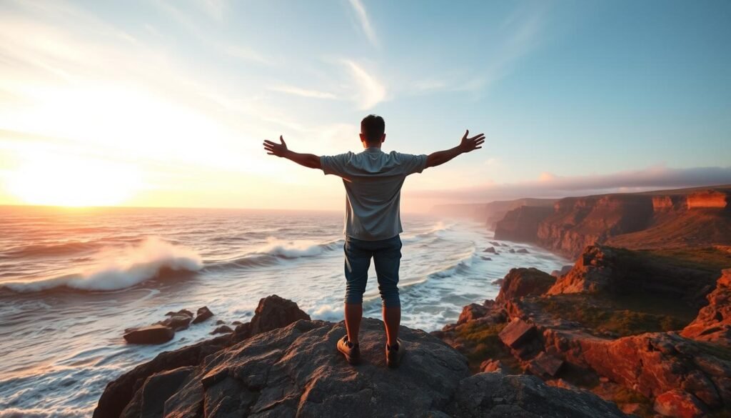 A serene, inspiring scene depicting a person standing on a rocky cliff overlooking a vast, dynamic landscape at sunset. In the foreground, an individual in modest casual clothing, looking contemplative yet determined, stands with arms open wide, symbolizing the embrace of failure. The middle ground features a turbulent ocean crashing against the stones, representing the challenges faced, while the background showcases vibrant colors of the setting sun casting warm light across the sky, evoking a sense of hope and resilience. The image is captured with a wide-angle lens to emphasize the expansive view, creating a dramatic contrast between the figure and the surroundings. The overall mood is reflective yet empowering, highlighting the journey toward self-belief and strength through adversity.