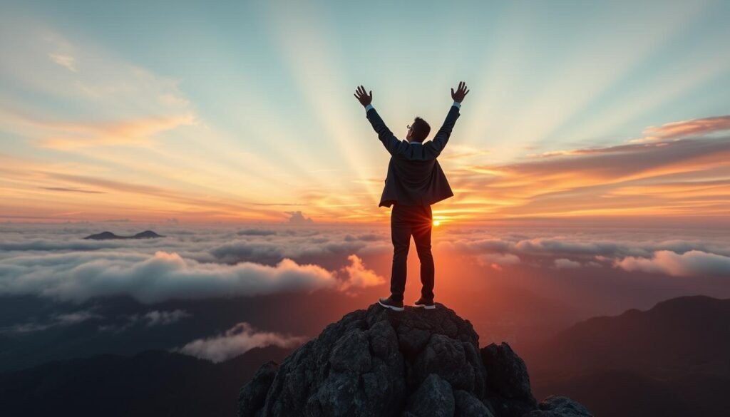 A serene landscape depicting a person standing atop a mountain peak, arms raised in triumph, overlooking a vast valley below. The foreground features the individual, dressed in professional business attire, embodying confidence and resilience. In the middle ground, soft clouds envelop the mountain bases, symbolizing the struggle with negative self-talk, while rays of sunlight break through, casting a warm glow around the figure, enhancing the sense of optimism. The background showcases a majestic sunrise, with vibrant colors blending together, representing new beginnings and the power of overcoming negativity. The overall mood is uplifting and empowering, inviting viewers to feel a sense of hope and personal victory over self-doubt, captured in a wide-angle lens with gentle, diffused lighting for a soft, inspirational atmosphere.
