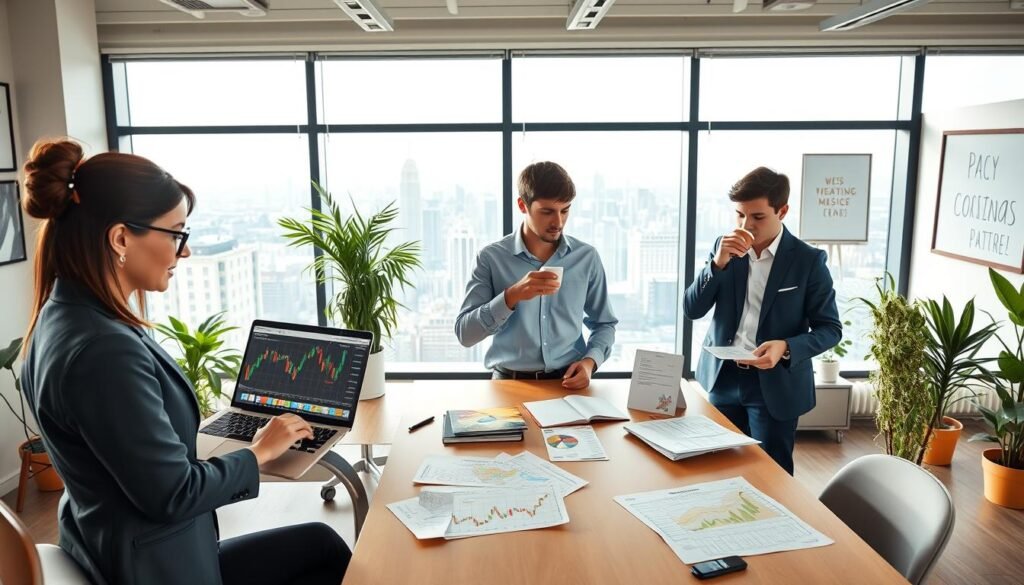 A serene office environment featuring a diverse group of professionals engaged in currency trading. In the foreground, a focused young woman in business attire analyzes charts on a laptop, with colorful candlestick graphs glowing on the screen. Beside her, a young man, dressed in smart-casual clothing, sips coffee while discussing strategies with a colleague at a standing table, documents and forex currency maps scattered around them. In the middle ground, a large window offers a panoramic view of a bustling city skyline, bathed in soft, natural daylight. The background features a modern office with plants and motivational art on the walls, creating an atmosphere of collaboration and learning. The overall mood is inviting and encouraging, representing a supportive learning environment for beginners in forex trading.