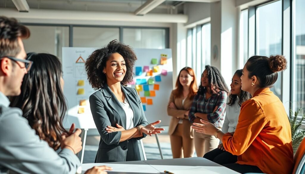 A serene office environment showcasing a diverse group of individuals engaged in a collaborative brainstorming session, embodying a growth mindset. In the foreground, a confident woman in professional attire enthusiastically shares her ideas with colleagues, who display attentive expressions and open body language. The middle ground features a large whiteboard filled with colorful sticky notes and diagrams, illustrating the brainstorming process. The background reveals a bright, spacious office with large windows allowing natural light to flood in, creating a warm and inviting atmosphere. Soft shadows enhance the dynamic but supportive mood, emphasizing an environment of encouragement and positivity. The angle is slightly tilted to capture multiple perspectives, reinforcing a sense of collaboration and team spirit.