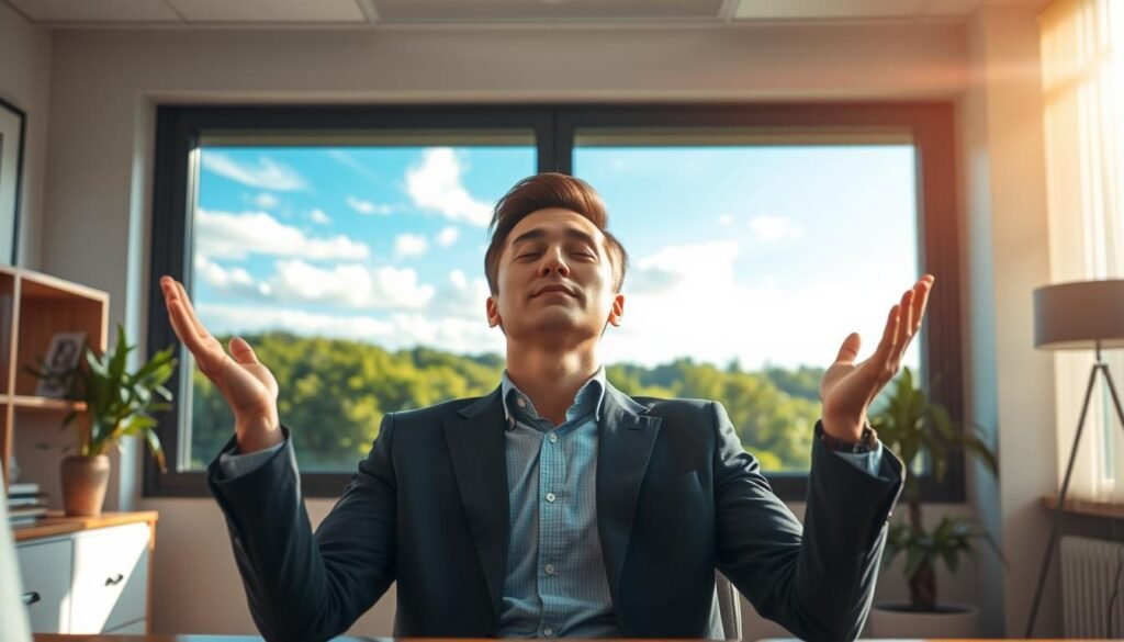 A serene office environment that embodies the essence of visualization for success and confidence. In the foreground, a focused individual in smart casual attire is seated at a desk, eyes closed, and hands uplifted, radiating a sense of calm determination. In the middle, a large window reveals a lush, green landscape, symbolizing growth and potential. Wispy clouds float in a bright blue sky, evoking an atmosphere of optimism. In the background, soft sunlight filters through the window, casting warm rays that illuminate the scene, enhancing the sense of clarity and inspiration. The composition should use a slightly elevated angle to create depth, focusing on the subject's serene expression while also showcasing the inviting surroundings. The overall mood is one of empowerment, tranquility, and aspiration.