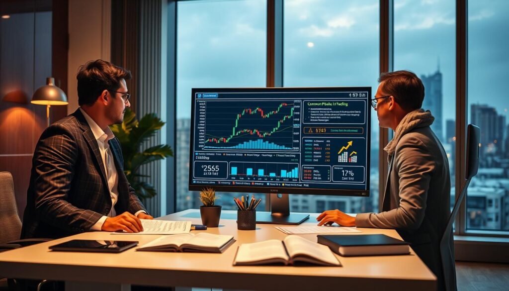 A serene office setting depicting a forex trader analyzing charts on a large computer screen. In the foreground, a diverse group of three professionals in business attire—two men and one woman—clearly focused on a digital display that highlights common pitfalls in forex trading, such as market volatility and risk management strategies. The middle ground features a modern desk adorned with financial reports, a trading book, and a potted plant, suggesting a calm yet industrious atmosphere. The background shows a large window with a view of a bustling cityscape, illuminated by soft, warm lighting that creates an inviting and concentrated mood. The angle captures the teamwork and collaboration in a professional environment, emphasizing the importance of education and preparation in forex trading.