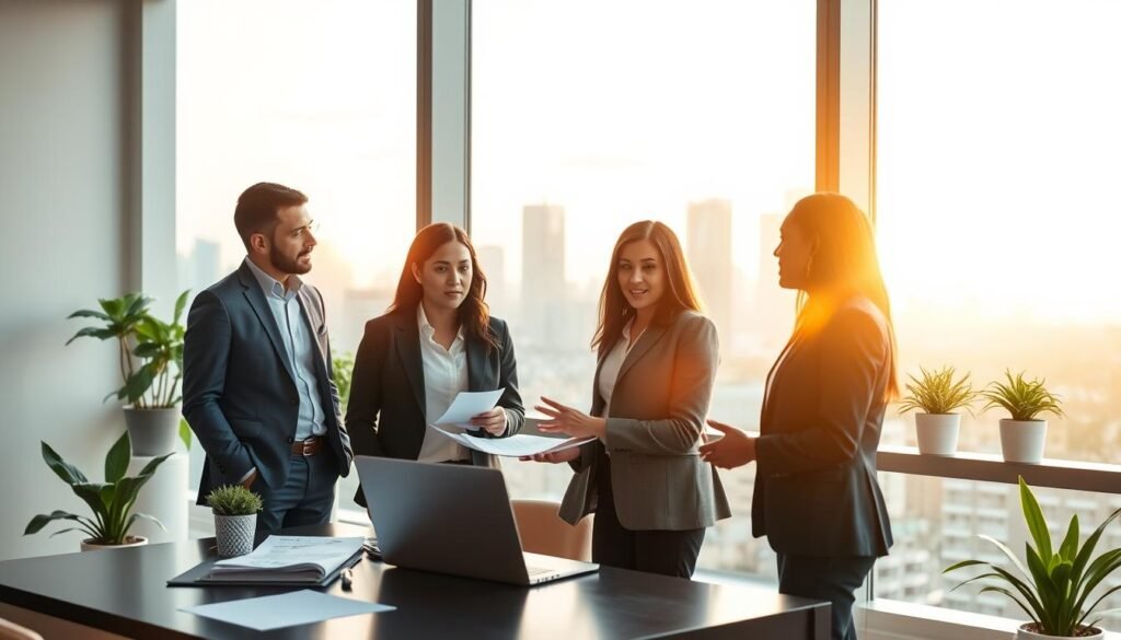 A serene office setting showcasing the concept of wealth building habits. In the foreground, a diverse group of three professionals engaged in conversation, dressed in sharp business attire, discussing financial strategies around a table with a laptop and neatly organized documents. In the middle background, a large window reveals a city skyline with a sunrise, symbolizing new opportunities. Potted plants on the windowsill add a touch of greenery, enhancing the atmosphere. Soft, warm lighting cascades through the glass, creating a hopeful ambiance. The scene captures a sense of focus and determination, conveying the importance of a positive money mindset in achieving success and building wealth. The angle is slightly elevated, providing a comprehensive view of the professionals and their workspace.