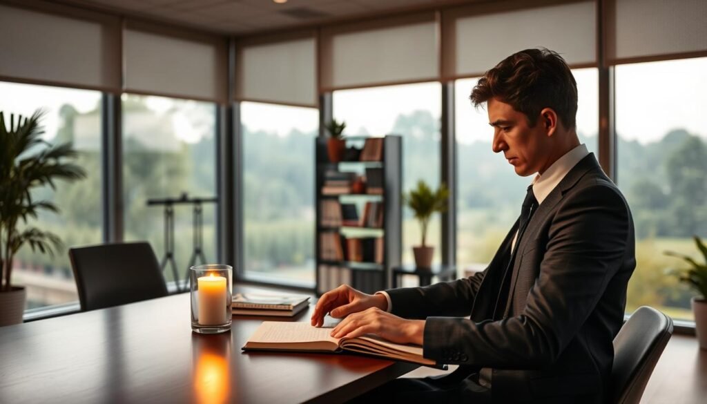 A serene office setting with a large window showcasing a tranquil outdoor landscape. In the foreground, a person in professional business attire sits at a desk, deeply engaged in self-reflection, looking thoughtfully at a journal filled with notes. Soft, warm lighting fills the room, creating an inviting atmosphere. In the middle, the desk holds a lit candle and a small potted plant, symbolizing growth and tranquility. The background features a shelf with books about self-improvement and resilience. The overall mood is peaceful and contemplative, capturing the essence of introspection and the journey of building resilience through self-reflection. Capture this with a soft focus and a warm color palette, emphasizing a sense of calm and focus.