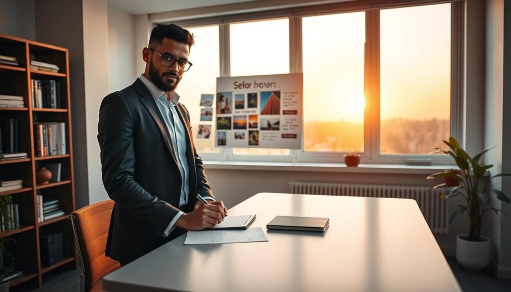 A serene office space with a large window showcasing a soft sunrise, reflecting warm orange and yellow hues. In the foreground, a confident individual in professional business attire stands beside a modern desk, actively writing down goals on a clear notepad, their expression one of determination and focus. The middle ground features a vision board pinned with vibrant images and motivational quotes, representing personal aspirations. In the background, a bookshelf filled with self-improvement books adds depth, while a small indoor plant introduces a touch of nature and growth. The lighting is soft yet inspirational, casting gentle shadows to create a calm, motivating atmosphere. The overall mood conveys hope, ambition, and the promise of personal growth through effective goal-setting.