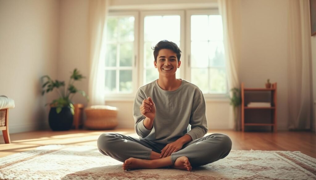 A serene scene depicting a young adult in a cozy, sunlit room, sitting cross-legged on a soft rug, with a gentle smile reflecting a sense of peace. In the foreground, the person, dressed in modest casual clothing, gently holds a symbolic object, like a small stone or piece of paper, representing their past mistakes. In the middle ground, a window shows a bright, clear sky, symbolizing hope and new beginnings. The background features soft, blurred greenery outside, enhancing the sense of tranquility. Warm, diffused lighting bathes the whole scene, creating an inviting atmosphere. Capture this moment of self-forgiveness and inner strength, emphasizing a calm and positive mood.