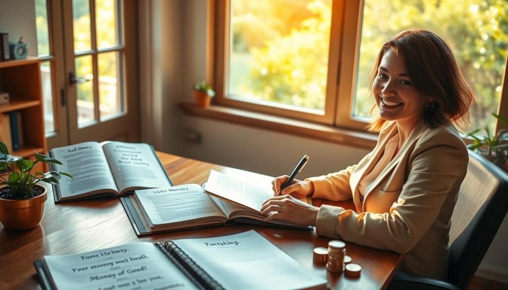 A serene workspace illuminated by warm, soft sunlight filtering through a large window. In the foreground, a person in professional attire sits at a wooden desk, journaling with a confident smile, surrounded by open notebooks filled with positive affirmations about money. The middle ground features a potted plant symbolizing growth, next to a small stack of coins and a vision board displaying images of financial success and abundance. In the background, a calming view of nature, perhaps a lush garden, represents gratitude and prosperity. The atmosphere is uplifting and inspiring, with a soft focus on the human subject and gentle bokeh effect on the background, creating a sense of tranquility and purpose. A serene workspace illuminated by warm, soft sunlight filtering through a large window. In the foreground, a person in professional attire sits at a wooden desk, journaling with a confident smile, surrounded by open notebooks filled with positive affirmations about money. The middle ground features a potted plant symbolizing growth, next to a small stack of coins and a vision board displaying images of financial success and abundance. In the background, a calming view of nature, perhaps a lush garden, represents gratitude and prosperity. The atmosphere is uplifting and inspiring, with a soft focus on the human subject and gentle bokeh effect on the background, creating a sense of tranquility and purpose.
