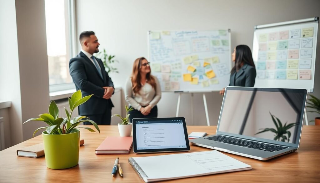 A serene workspace setting centered around a wooden desk adorned with practical confidence-building tools. In the foreground, a bright green potted plant symbolizes growth, alongside motivational notebooks and a sleek laptop displaying a digital checklist. In the middle ground, a diverse group of three professionals, dressed in smart business attire, engage in a constructive discussion, exuding enthusiasm and positivity. In the background, a large window lets in soft, natural light, illuminating the room. A whiteboard filled with colorful notes and strategies stands prominently, reflecting a collaborative atmosphere focused on self-improvement. The mood is empowering and optimistic, encouraging viewers to embrace confidence-building practices.