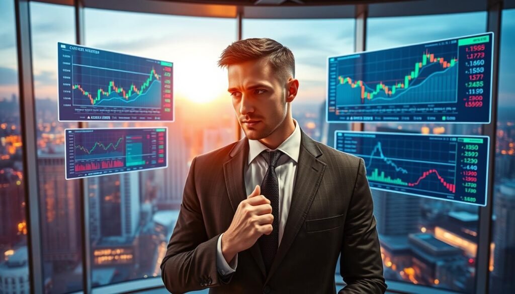 A sleek, modern forex trading platform interface displayed on multiple holographic screens in a high-tech trading room. The foreground features a smartly dressed trader in business attire, focused on analyzing real-time forex data and charts, with a thoughtful expression. In the middle, floating screens show dynamic graphs, currency pairs, and advanced trading metrics with vibrant colors and sharp details. The background reveals a panoramic view of a bustling city skyline through large glass windows, bathed in the warm glow of evening light. The lighting is dramatic, highlighting the trader's concentration and the high-tech environment. The overall atmosphere exudes professionalism, sophistication, and an air of excitement about the world of forex trading.