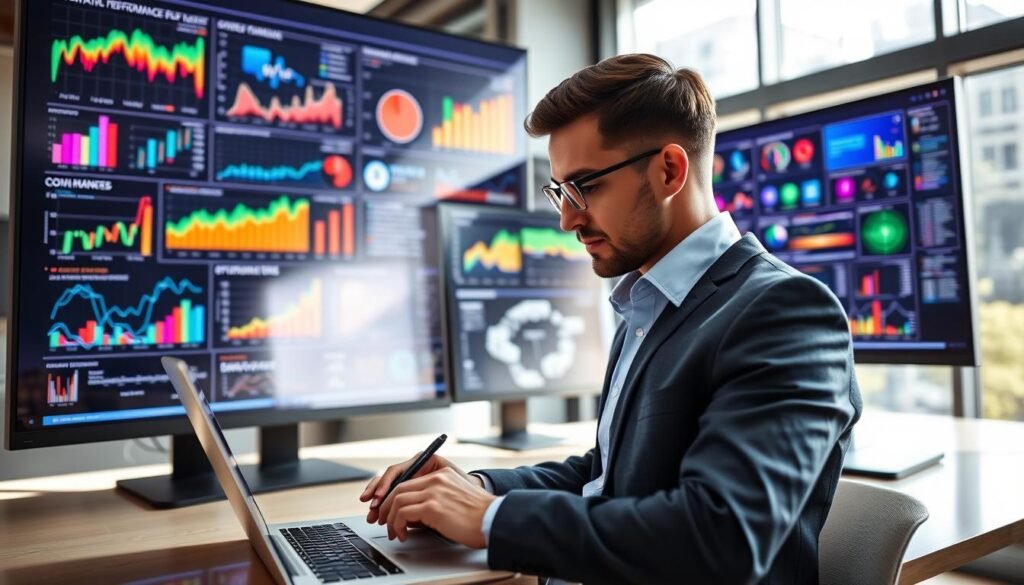 A sleek modern workspace featuring a large, interactive digital display showcasing vibrant data visualizations such as graphs, charts, and infographics. In the foreground, a professional, focused individual in smart casual attire is analyzing the data on a laptop, using a stylus to highlight points on the screen. The middle layer includes additional monitors with colorful dashboards filled with analytics and performance metrics. The background depicts a well-lit office environment with large windows allowing natural light to stream in, casting soft shadows. The mood is inspiring and productive, emphasizing the value of mastering data analysis and visualization skills. Capture the scene from an angle that highlights the technology and the individual’s engagement with the data.