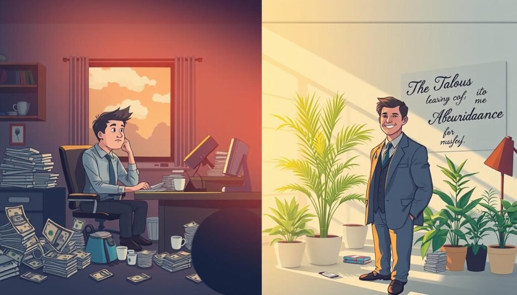 A split scene depicting "scarcity versus abundance mindset." On the left, illustrate a dimly lit, cluttered space representing scarcity: a worried individual in professional attire, seated at a small desk covered in bills and empty coffee cups, with a dark sky visible through a window. On the right, a bright, spacious room embodying abundance: a confident, well-dressed person smiling, surrounded by lush plants, stacks of money, and inspirational quotes on the walls, with sunlight streaming in. The transition between the two sides should be smooth, reflecting a transformation. Use a warm color palette for the abundance side and cooler tones for the scarcity side, evoking contrasting emotions. Capture this scene from a slightly elevated angle to emphasize the division and enhance the overall impact. A split scene depicting "scarcity versus abundance mindset." On the left, illustrate a dimly lit, cluttered space representing scarcity: a worried individual in professional attire, seated at a small desk covered in bills and empty coffee cups, with a dark sky visible through a window. On the right, a bright, spacious room embodying abundance: a confident, well-dressed person smiling, surrounded by lush plants, stacks of money, and inspirational quotes on the walls, with sunlight streaming in. The transition between the two sides should be smooth, reflecting a transformation. Use a warm color palette for the abundance side and cooler tones for the scarcity side, evoking contrasting emotions. Capture this scene from a slightly elevated angle to emphasize the division and enhance the overall impact.