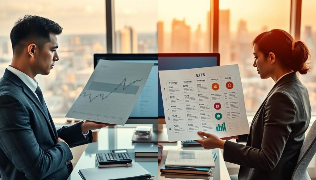 A split-screen image depicting the choice between stocks and ETFs. In the foreground, on one side, a thoughtful individual in professional business attire examines a stock chart, with lines showing sharp upward and downward trends. On the opposite side, a different individual, also in business attire, reviews a balanced portfolio sheet illustrating diverse ETFs, with icons representing various sectors like technology, healthcare, and energy. In the middle ground, a sleek modern workspace with a desktop computer, financial books, and calculators juxtaposes the two scenes. The background features a large window with a city skyline, allowing warm natural light to illuminate the space. The overall atmosphere is focused and contemplative, emphasizing the careful consideration involved in investment decisions. A split-screen image depicting the choice between stocks and ETFs. In the foreground, on one side, a thoughtful individual in professional business attire examines a stock chart, with lines showing sharp upward and downward trends. On the opposite side, a different individual, also in business attire, reviews a balanced portfolio sheet illustrating diverse ETFs, with icons representing various sectors like technology, healthcare, and energy. In the middle ground, a sleek modern workspace with a desktop computer, financial books, and calculators juxtaposes the two scenes. The background features a large window with a city skyline, allowing warm natural light to illuminate the space. The overall atmosphere is focused and contemplative, emphasizing the careful consideration involved in investment decisions.