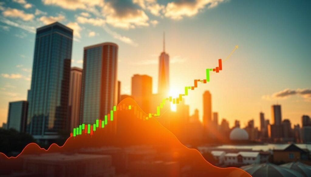 A vibrant and dynamic depiction of stock market trends, showcasing an upward-sloping line graph in the foreground, symbolizing market growth. In the middle, incorporate stylized candlestick charts that illustrate fluctuating prices, with green and red candles representing uptrends and downtrends. The background should feature a city skyline with modern skyscrapers, bathed in warm golden light to evoke a sense of optimism and opportunity. The scene captures the essence of a bustling financial district, with a slight motion blur on the line graphs to suggest rapid movement and change. The overall mood is energetic and inspiring, reflecting the excitement of the stock market as beginners embark on their journey to understanding its trends.