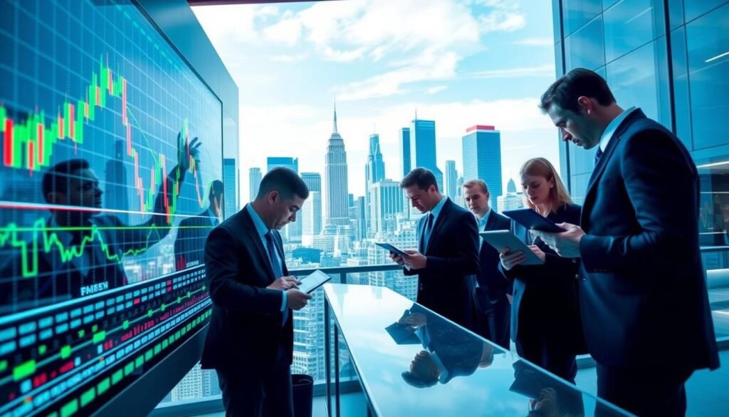 A vibrant and dynamic financial scene depicting price movements and market trends in the stock market. In the foreground, a sleek digital display shows fluctuating stock charts with candlestick patterns and line graphs. The middle layer features a group of professionals in business attire analyzing the data on tablets and laptops, engrossed in discussion. In the background, a large city skyline with skyscrapers represents the bustling economy. The lighting is bright and focused, with a cool color palette emphasizing blue and green tones, evoking a sense of clarity and optimism. The angle is slightly elevated, providing a comprehensive view of the scene that conveys a professional atmosphere of insight and discovery.