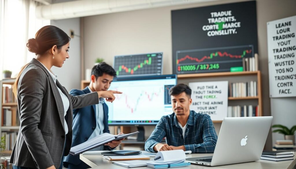 A vibrant and engaging educational scene depicting a diverse group of beginners attentively studying Forex trading. In the foreground, a professional businesswoman, dressed in smart attire, points at a large digital screen displaying Forex charts and currency pairs. In the middle ground, a young man takes notes, glancing from the screen to his laptop, where various trading tools are open. The background showcases a modern office filled with financial books and motivational quotes about trading. Soft, natural light floods the room, creating a warm and inviting atmosphere. The camera is positioned slightly above eye level, capturing the intensity and curiosity of the learners as they immerse themselves in the world of Forex trading.
