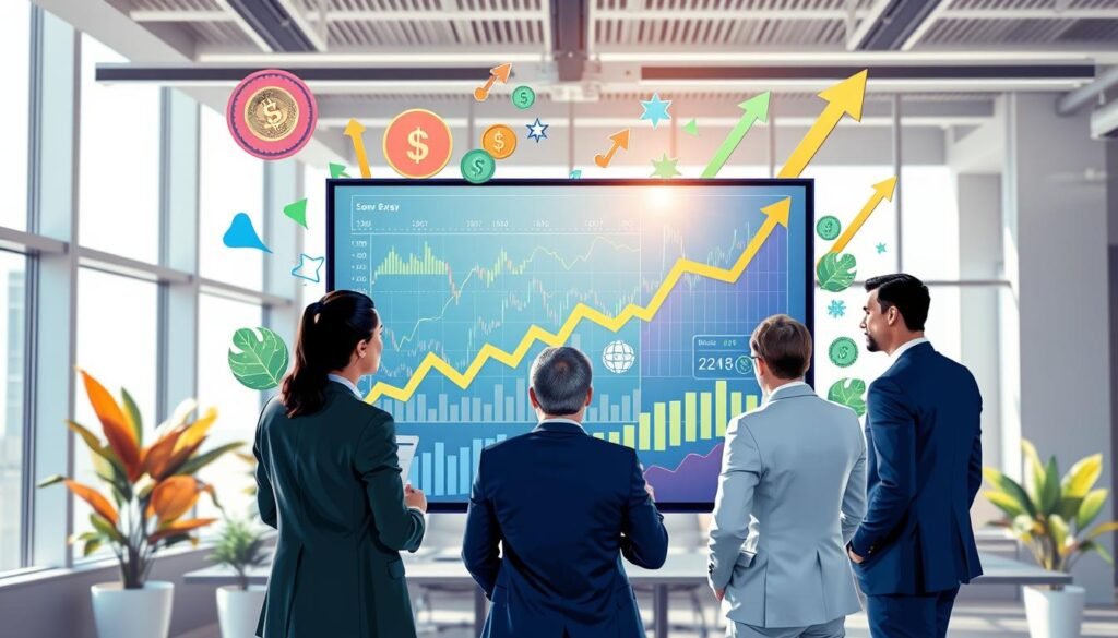 A vibrant and engaging illustration depicting the various benefits of entering the forex market. In the foreground, a diverse group of three individuals in professional business attire is gathered around a large screen displaying dynamic forex charts and graphs. The middle layer features symbols of forex trading, like currency pairs and upward trending lines, intertwined with images of financial growth such as growing plants and rising arrows. The background shows a modern, well-lit office environment with large windows allowing natural sunlight to stream in, creating an optimistic atmosphere. The scene is photographed at a slight upward angle to reflect ambition and opportunity, with a focus on clarity and vivid colors, emphasizing the excitement of learning forex trading basics.