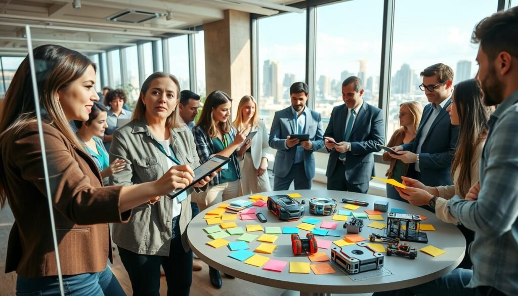 A vibrant modern workspace filled with diverse professionals engaged in dynamic brainstorming. In the foreground, a confident woman in smart casual attire sketches ideas on a transparent glass board, while a middle-aged man in a suit holds a digital tablet, reviewing concepts. The middle section features a circular table strewn with colorful post-it notes and innovative prototypes, where a group discussions is taking place, showcasing collaboration and enthusiasm. In the background, large windows let in natural light, revealing a city skyline that symbolizes growth and opportunity. The atmosphere is energetic and inspiring, with bright colors and modern design elements that embody creativity and the spirit of innovation. The perspective is slightly angled, capturing both individuals and their surroundings in a depth-enhancing composition.