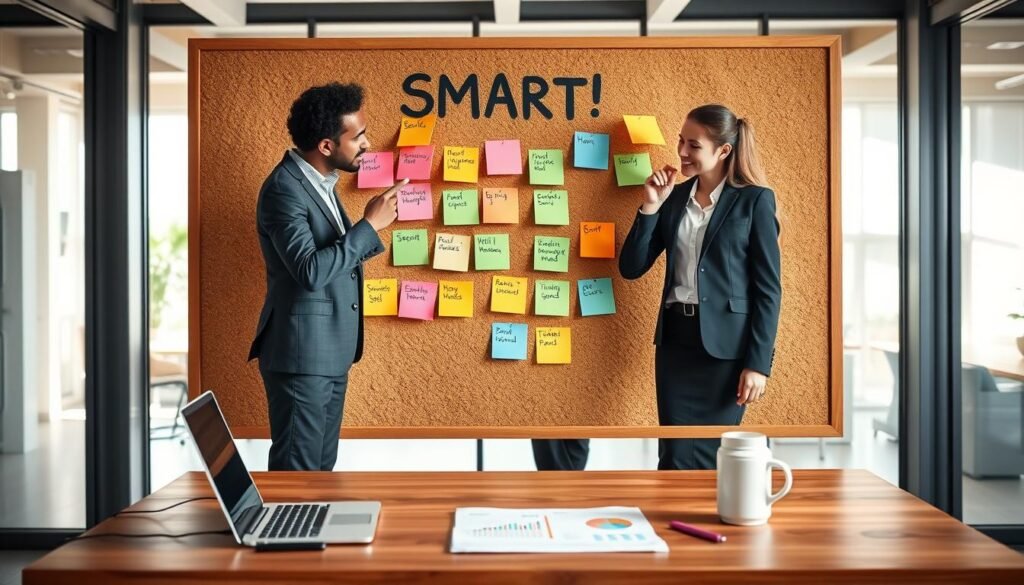 A visual representation of SMART goals, centered in the foreground, showcasing a large corkboard filled with colorful sticky notes representing Specific, Measurable, Achievable, Relevant, and Time-bound goals. Include a diverse group of three professionals in business attire, actively discussing and pointing at the notes, conveying collaboration and focus. The middle layer features a wooden desk with a laptop open, charts, and a coffee mug, suggesting productivity. The background consists of a bright, modern office space with large windows letting in soft natural light, creating an uplifting atmosphere. The image should have a clear focus, with a slightly blurred depth of field that emphasizes the corkboard and the professionals, highlighting an inspiring mood of goal-setting and achievement tracking.