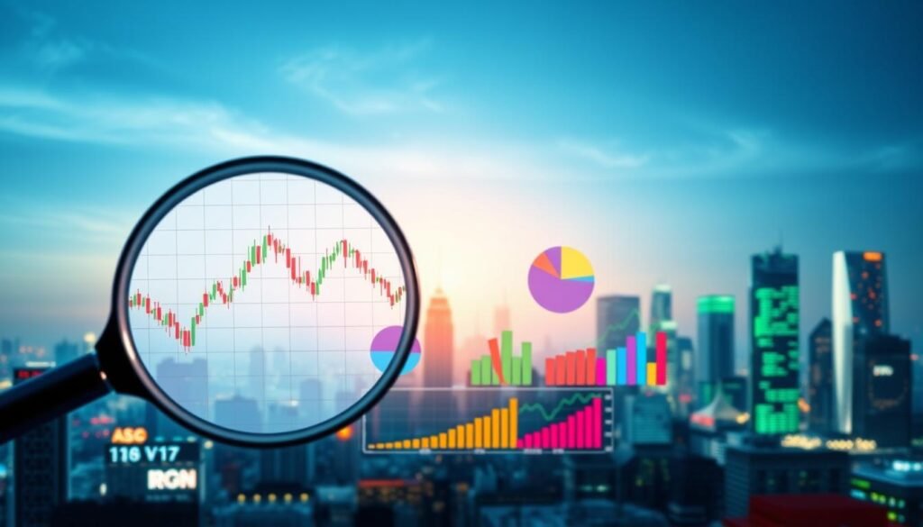 A visually compelling illustration depicting fundamental analysis economic indicators relevant to Forex trading. In the foreground, a magnifying glass overlaid on a digital graph showing fluctuating currency pairs, emphasizing trend lines. In the middle ground, an assortment of economic indicators such as a pie chart, bar graphs, and index reports, all styled in vibrant colors. The background features an abstract city skyline to symbolize the global market environment, bathed in soft blue and green lighting for a calm yet dynamic atmosphere. The overall mood is analytical and professional, suitable for a financial context. Use a wide-angle lens perspective to enhance the depth and dimension.